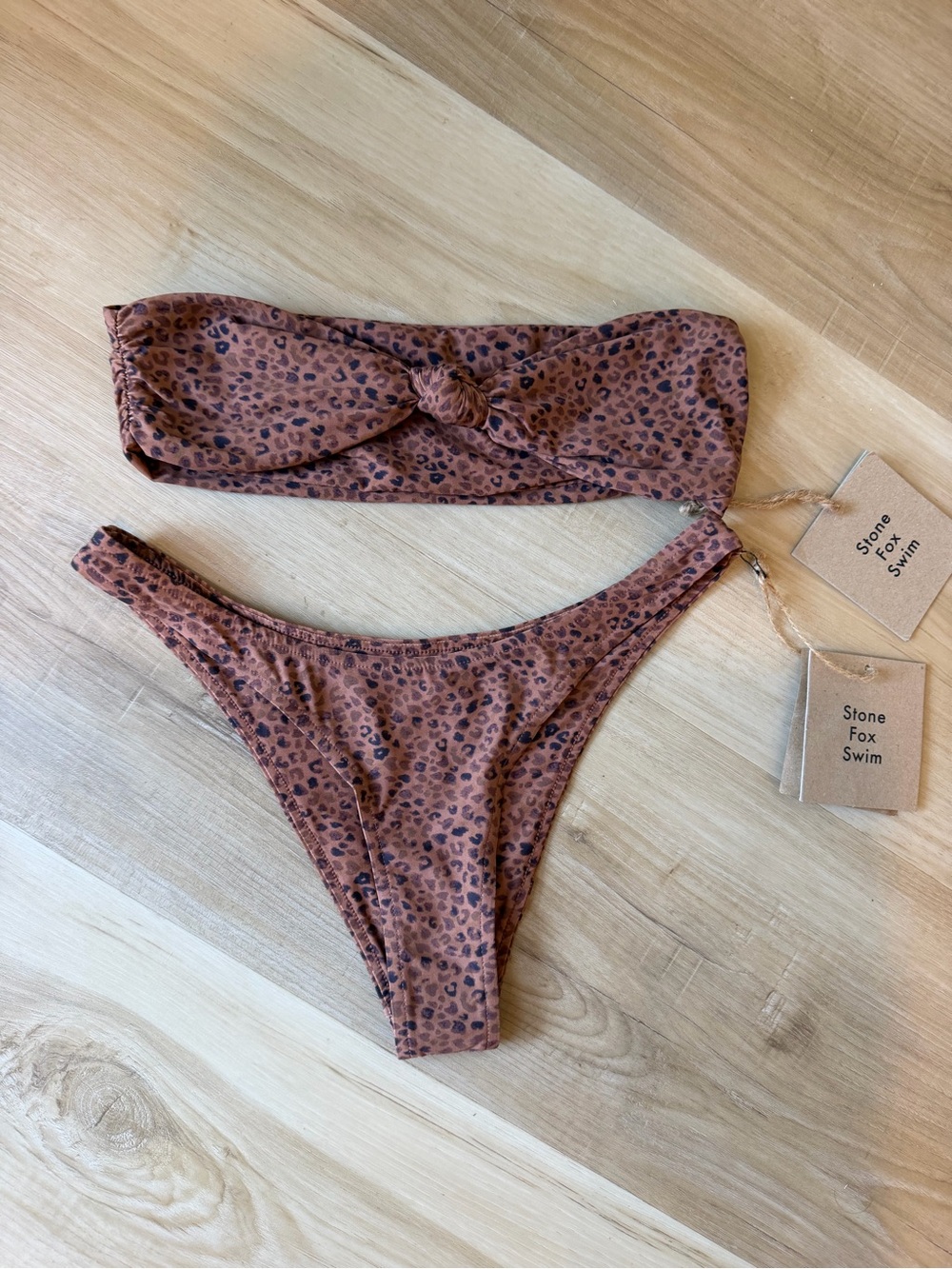 Stone Fox Swim Women's Brown Leopard Bandeau Bikini Set. S/Top M/Bottom. NEW!
